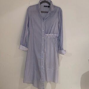 Halogen blue white striped asymmetric button front crisp shirt dress Sz XS